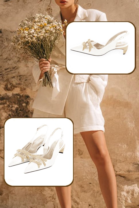 Women's off white and champagne white elegant slingback heels, with a bow on the front. Pointed toe. Low comma heels - Worn view